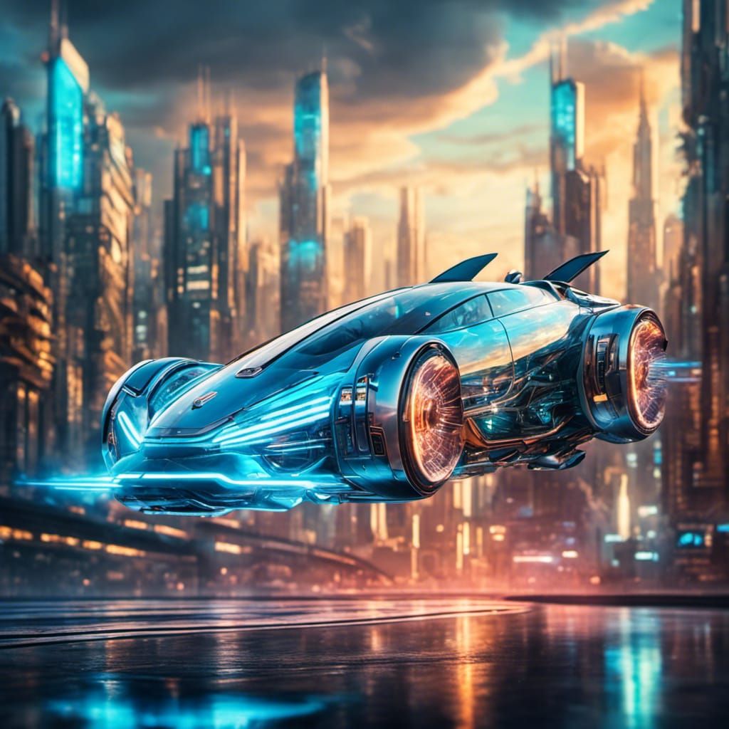 Cyberpunk Flying Car in Holographic Cityscape