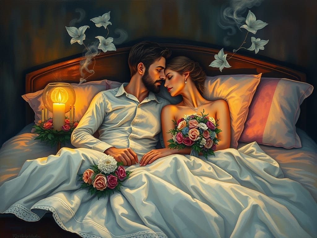 Whimsical Cubist Honeymoon Scene in Gouache Style