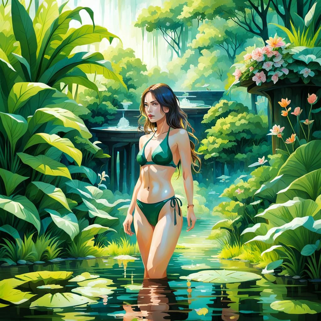Girl in Bikini in Mysterious Garden with Pond