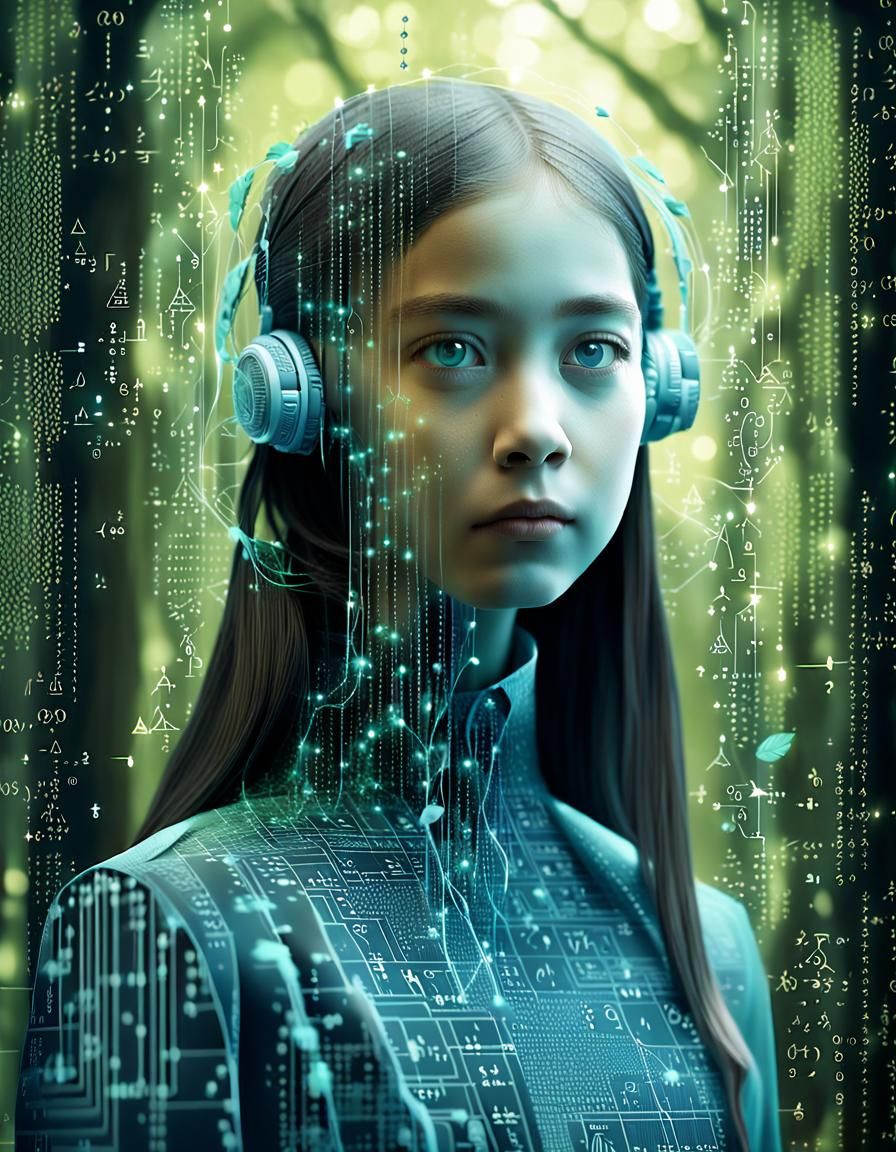 Digital Girl in Binary Forest, AI Art