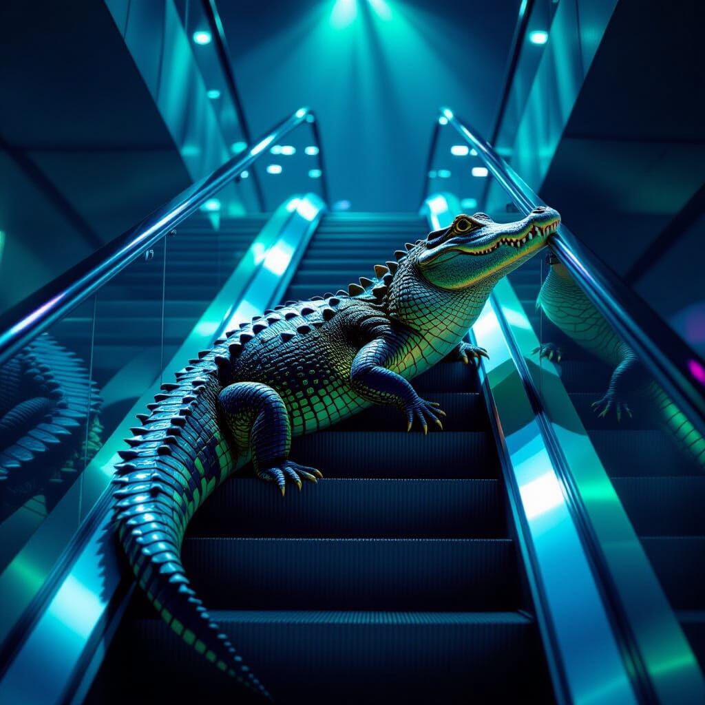 Alligator on Escalator in Hyperrealistic Digital Painting St...