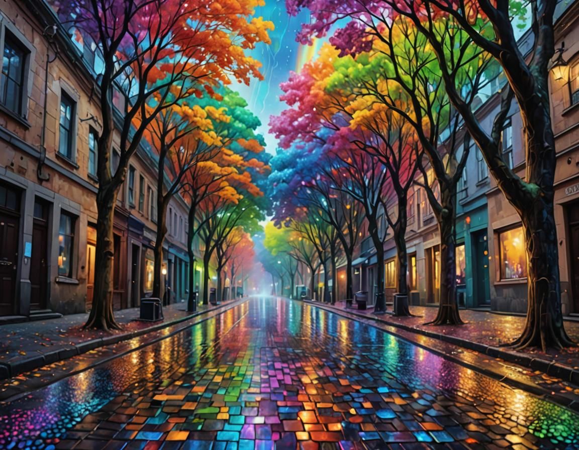 Rainbow Iridescent Trees on Wet Cobblestone Street