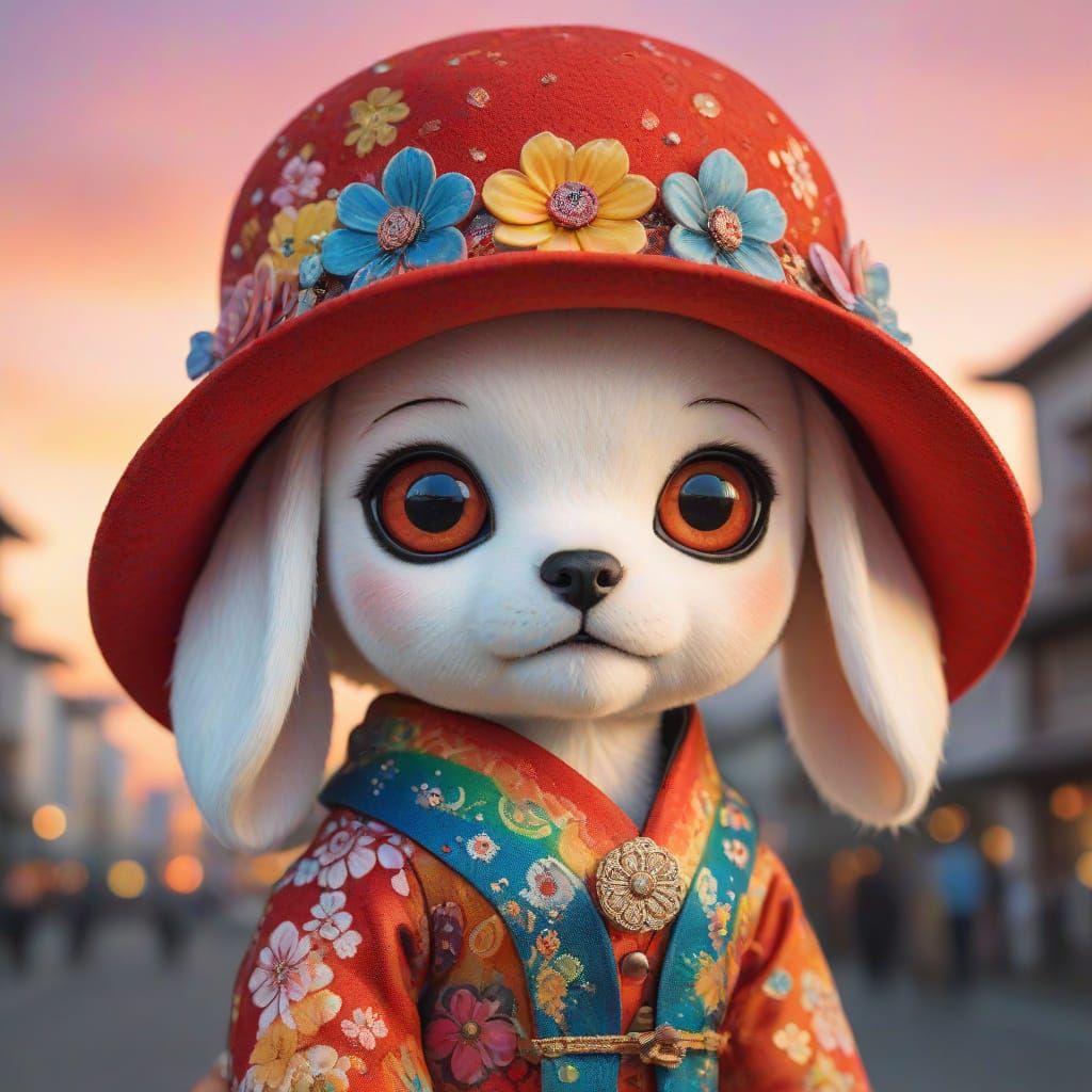 Rainbow Puppy Doll in Future City: Ukiyo-e Klimt Style