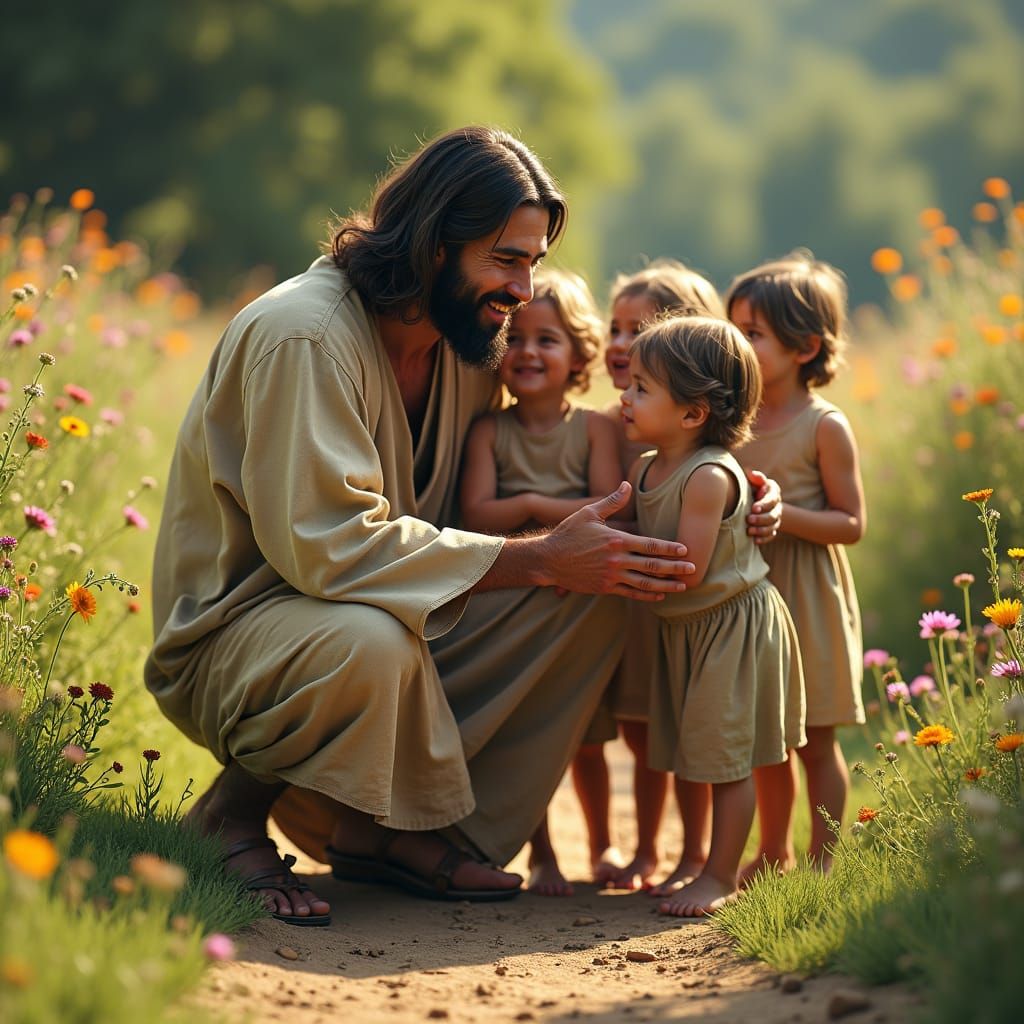 Jesus Welcomes Children in Fantasy Landscape