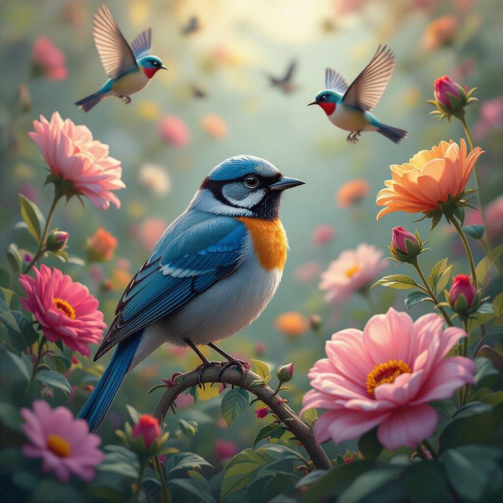 Whimsical Bird in Vibrant Flower Garden