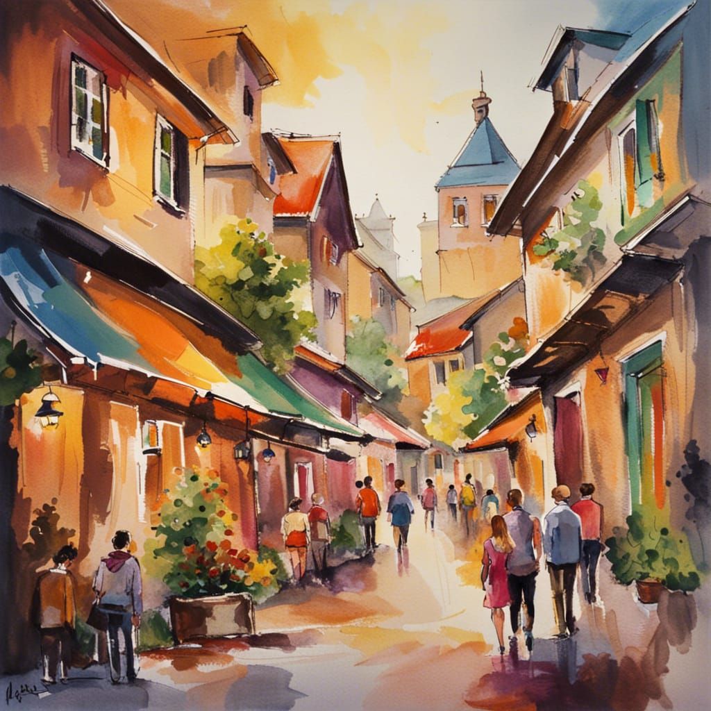 Bustling European Marketplace: Vibrant Watercolor Painting