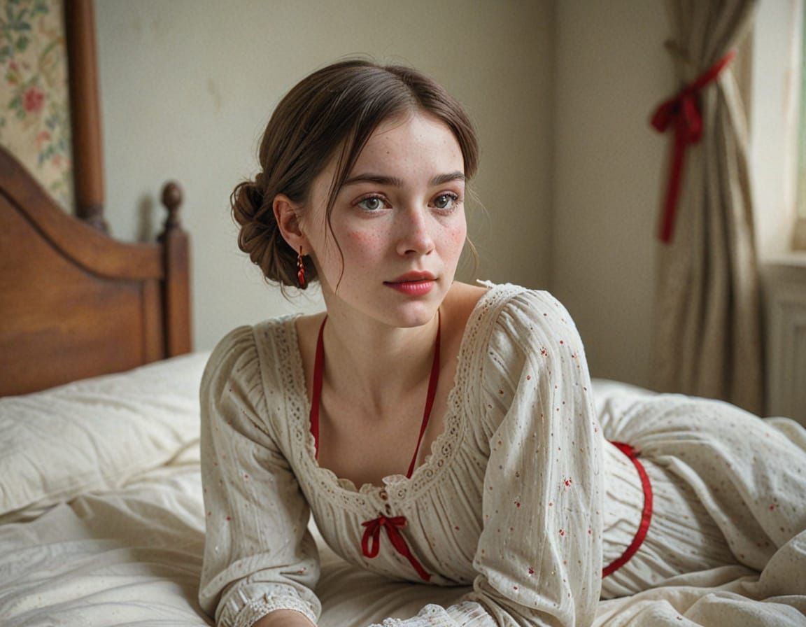 Young Woman in 19th Century Bed, Soft Focus Impressionist St...