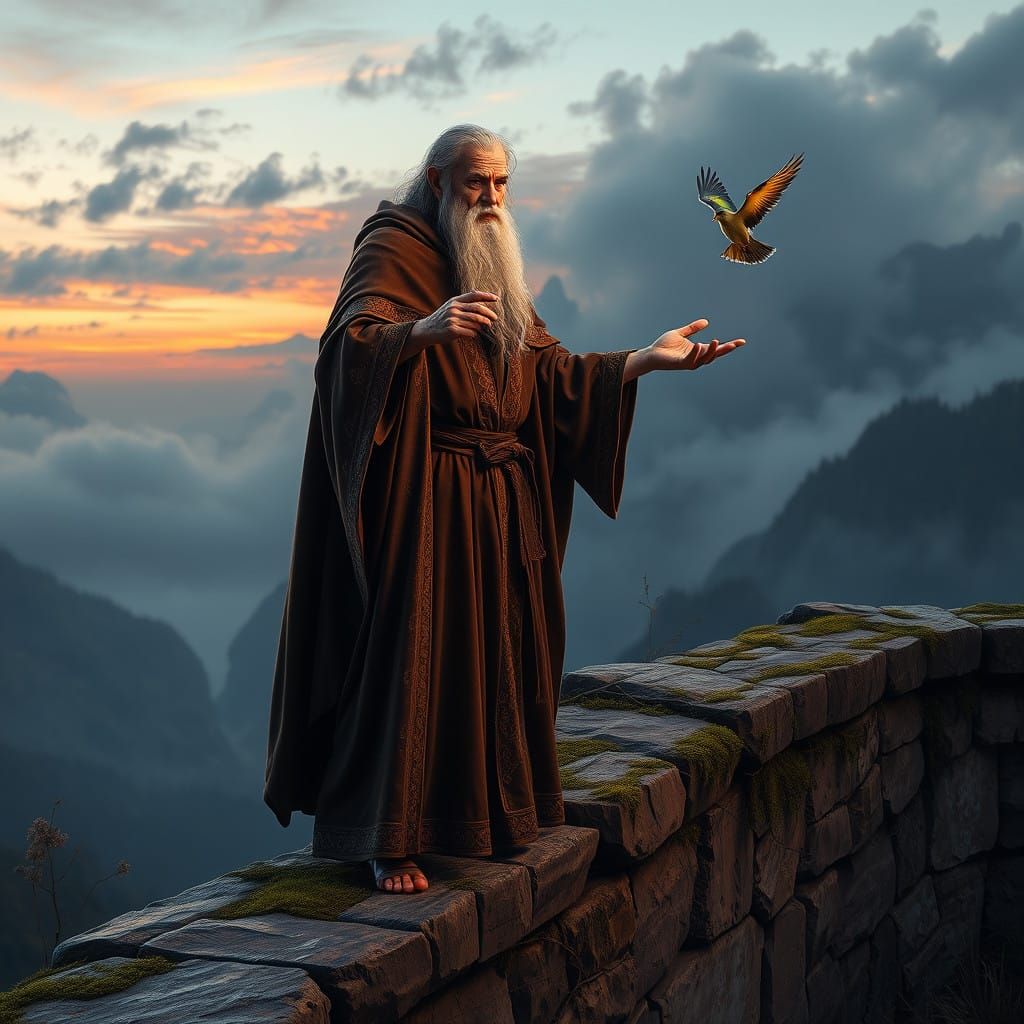 Ancient Sage Defies Dawn in Mystical Mountainscape