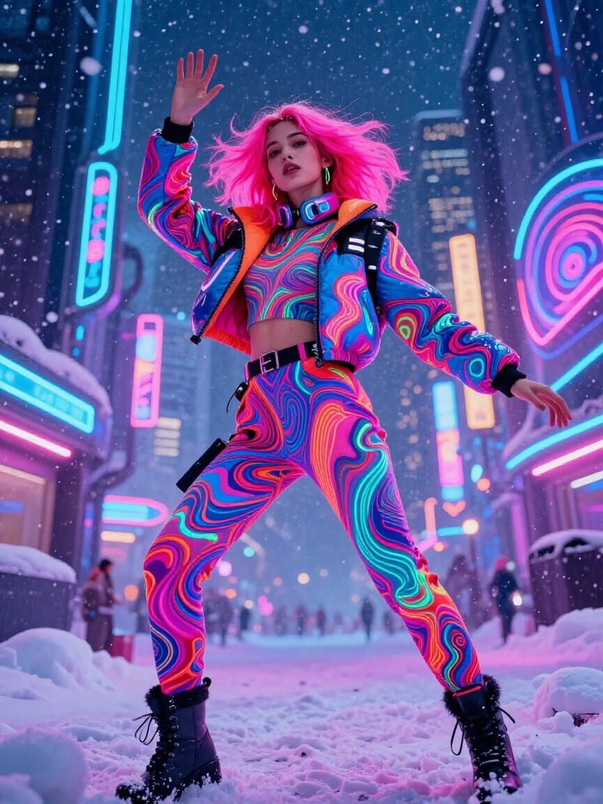 Cyberpunk Supermodel in Retro Futuristic Winter City