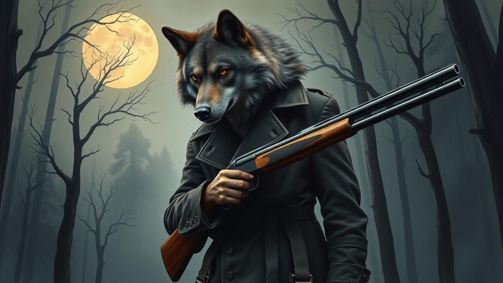 Hyperrealist Werewolf with Shotgun in Surreal Forest