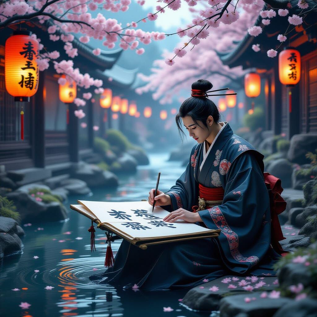 Calligrapher Paints Kanji Symbols in Dark Surrealism