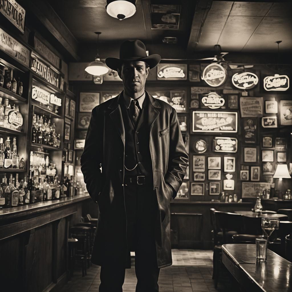 Film Noir Man with Stetson in Dimly Lit Bar