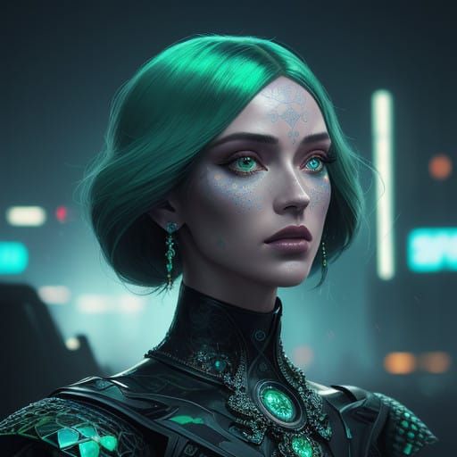 Hyperrealistic Futuristic Goddess in Neon Cityscape