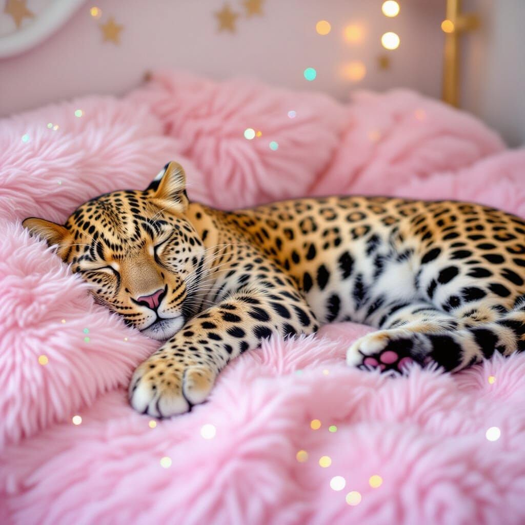 Leopard Sleeps on Glittery Pink Bed