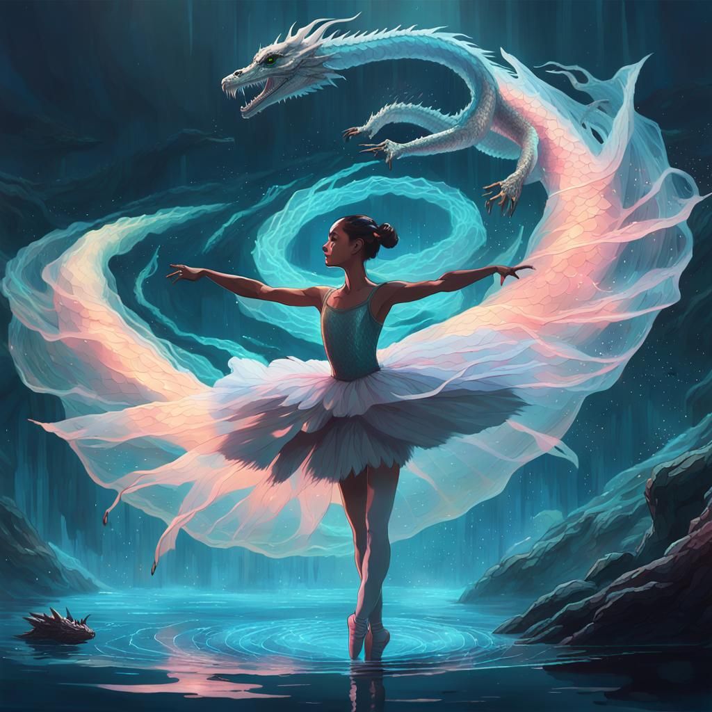 Ballet Dancer and Dragon in Sci-Fi Anime Style