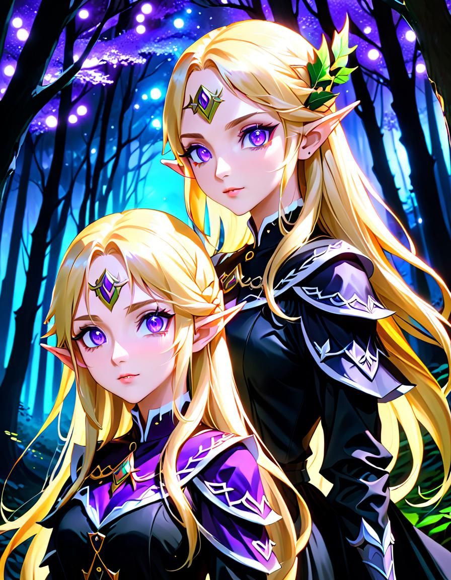 Anime Portrait of Two Elf Women in Forest