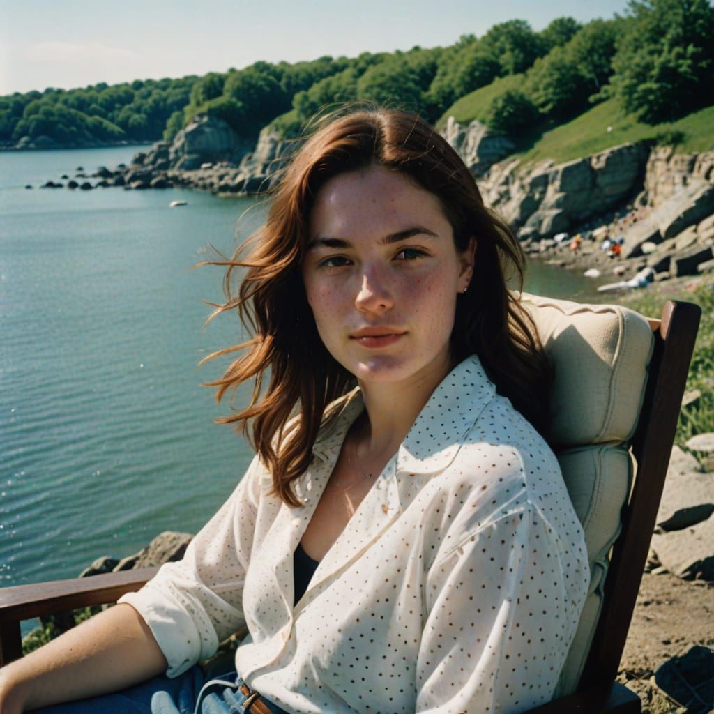 Chubby Freckled Woman in Springtime Cliffside Relaxation