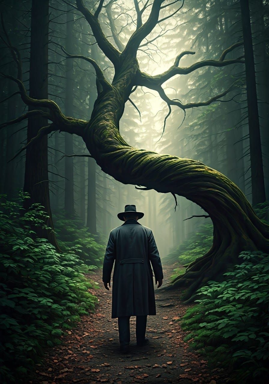 Man Confronts Ancient Tree Root in Misty Forest