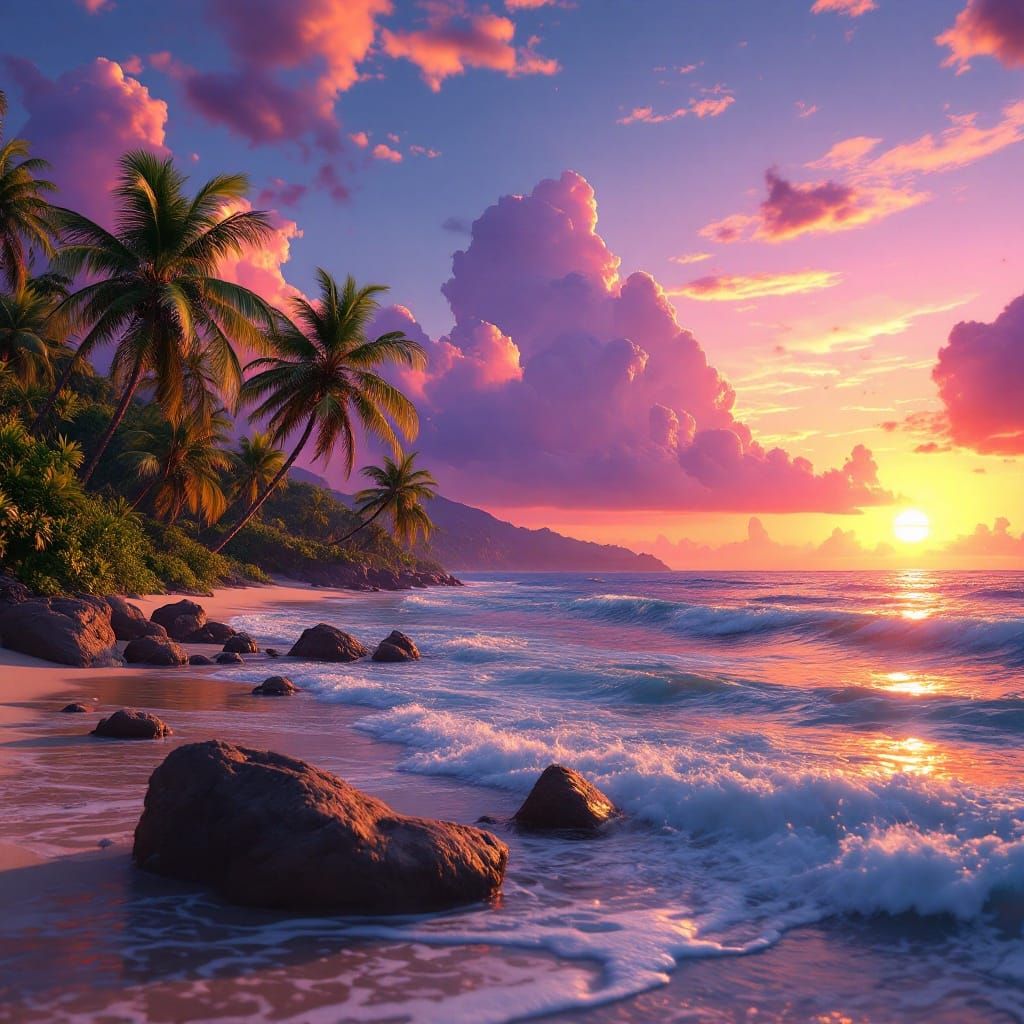 Epic Sunset on a Tranquil Beach in Cyberpunk Style