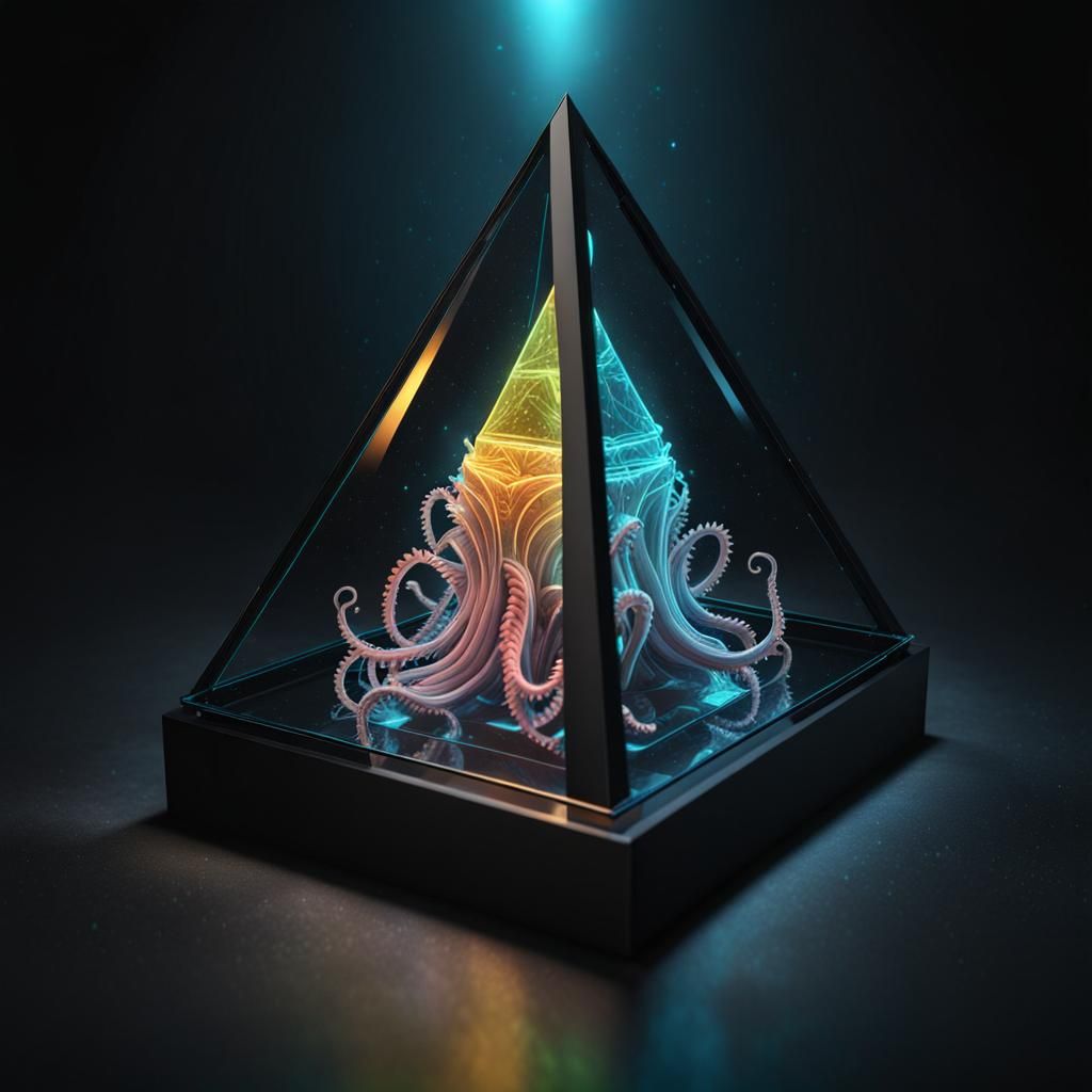 Bioluminescent Octopus in a 3D Pyramid