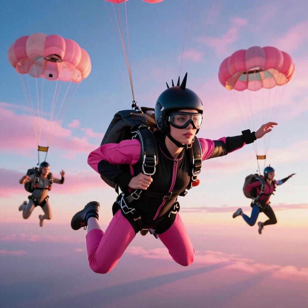 Punk Skydiver in Fairytale Sky, Professional Photo Style