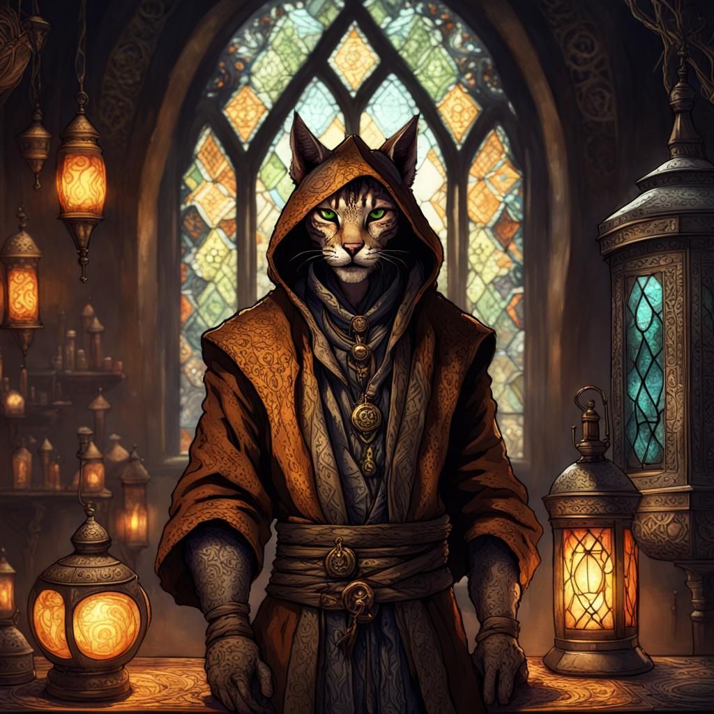 Scarred Khajiit Alchemist in Dark Fantasy Lab