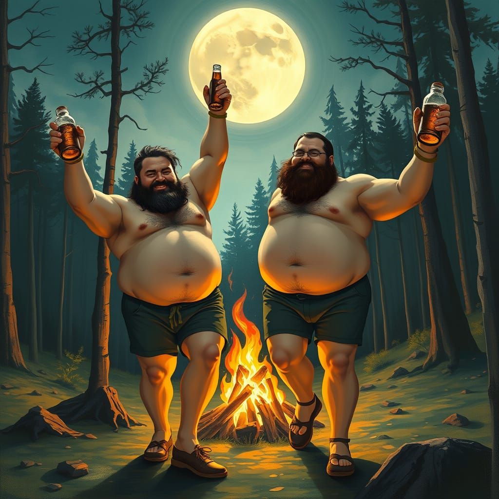 Men Dance by Campfire in Art Nouveau Style