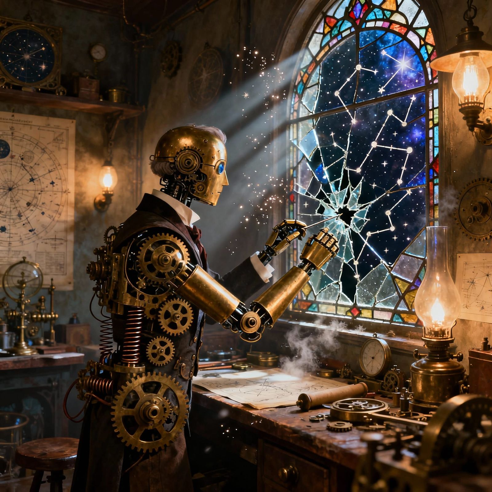 Clockwork Gentleman Repairs Constellation Window