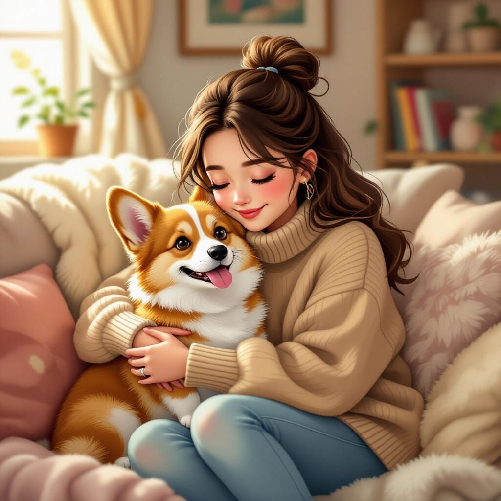 Girl Cuddling Corgi on Couch in Whimsical Style