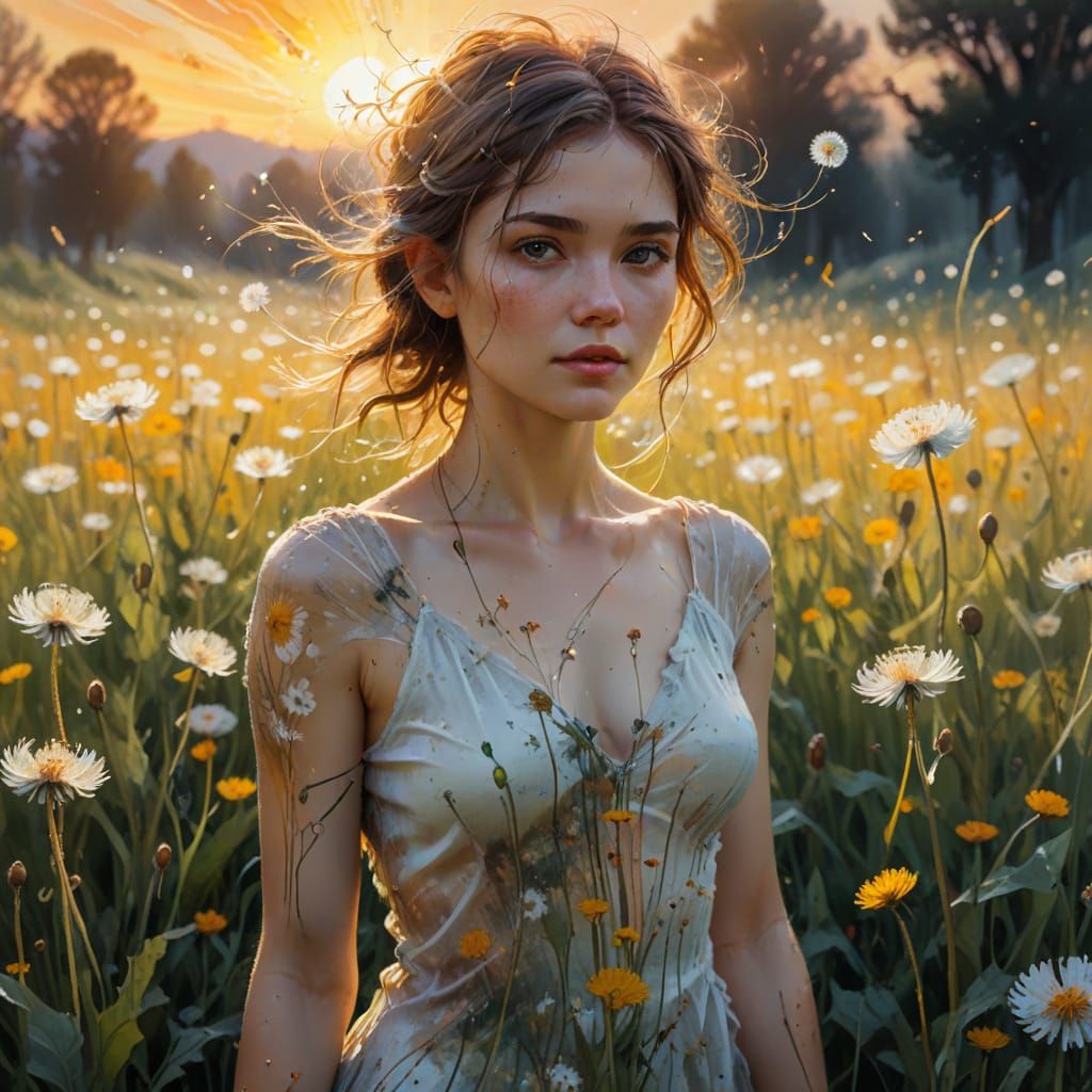 Woman in Dandelion Field, Stylized Watercolor Painting
