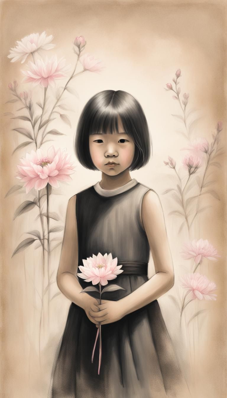 Charcoal drawing of A eight year old Asian child with a bob hairsrstyle holding a pink flower near her chest with anothe...