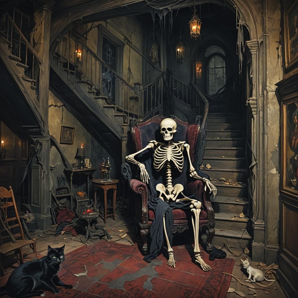 Haunted Mansion Interior with Skeleton in Gothic Style