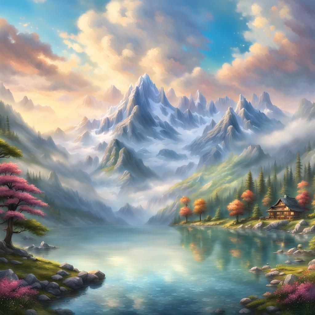 Anime Girl in Hyperrealistic Mountain Lake Scene