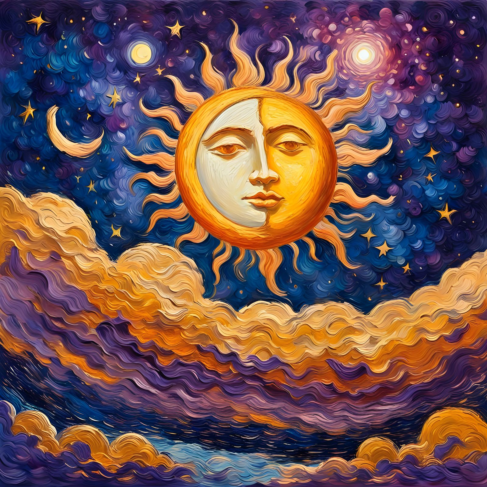 Sun and Moon United: Gouache Impressionist Starscape