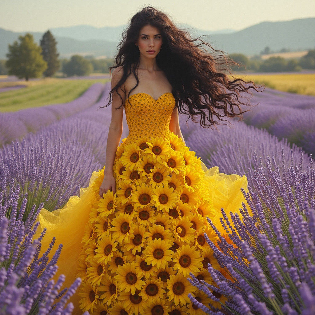 Sunflower Dress in Lavender Field: Pre-Raphaelite Style