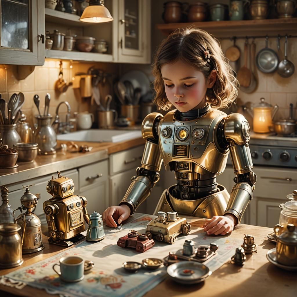 Whimsical Girl and Robot in Golden Hour Light