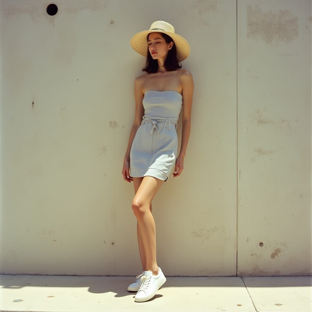East Asian Woman in Strapless Dress Posing by Concrete Wall