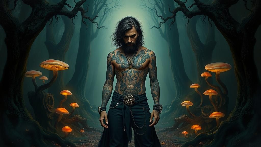 Mystical Rockstar in Forest, Oil Painting Style