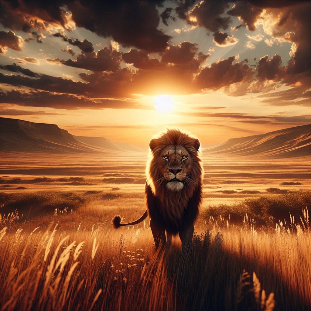 Majestic Lion on Serengeti Plains at Sunset