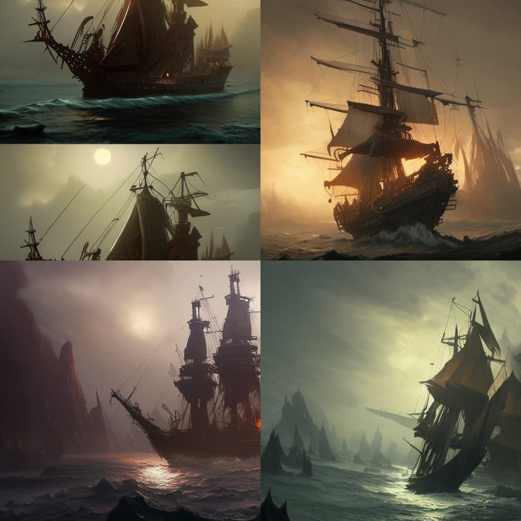 Dark Fantasy Black Elven Fire Pirate Ship