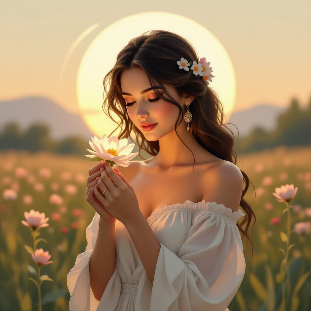 Woman with Flower in Serene Landscape