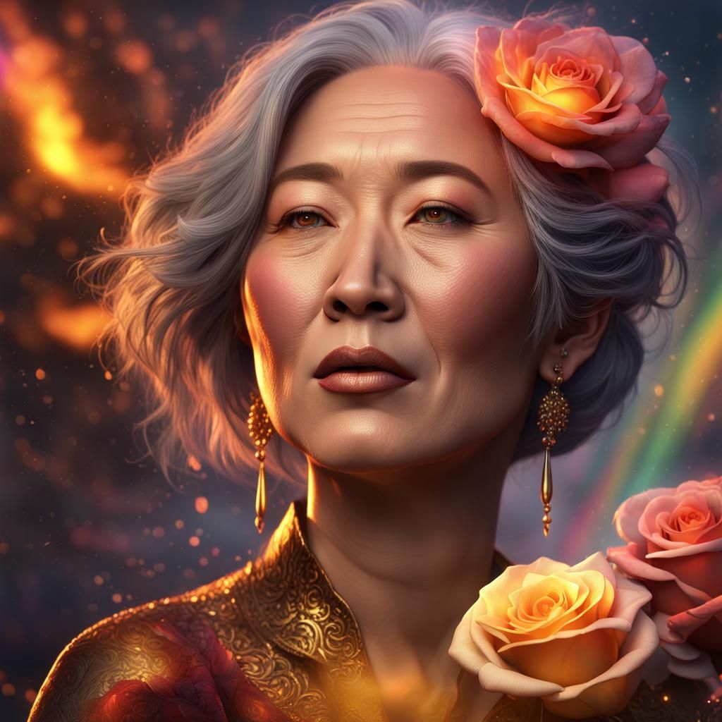 Asian Woman Emitting Rainbows and Fire, Digital Art