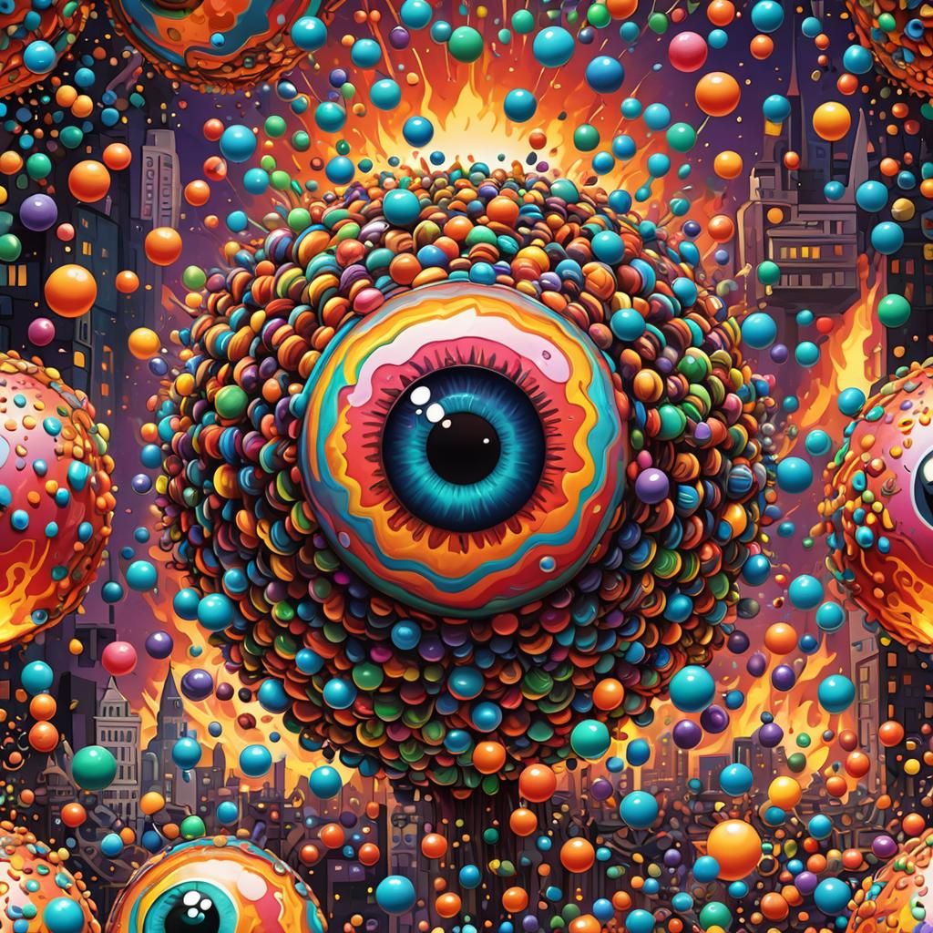Candy Art: Giant Eyeball Cityscape in Rainbow Colors