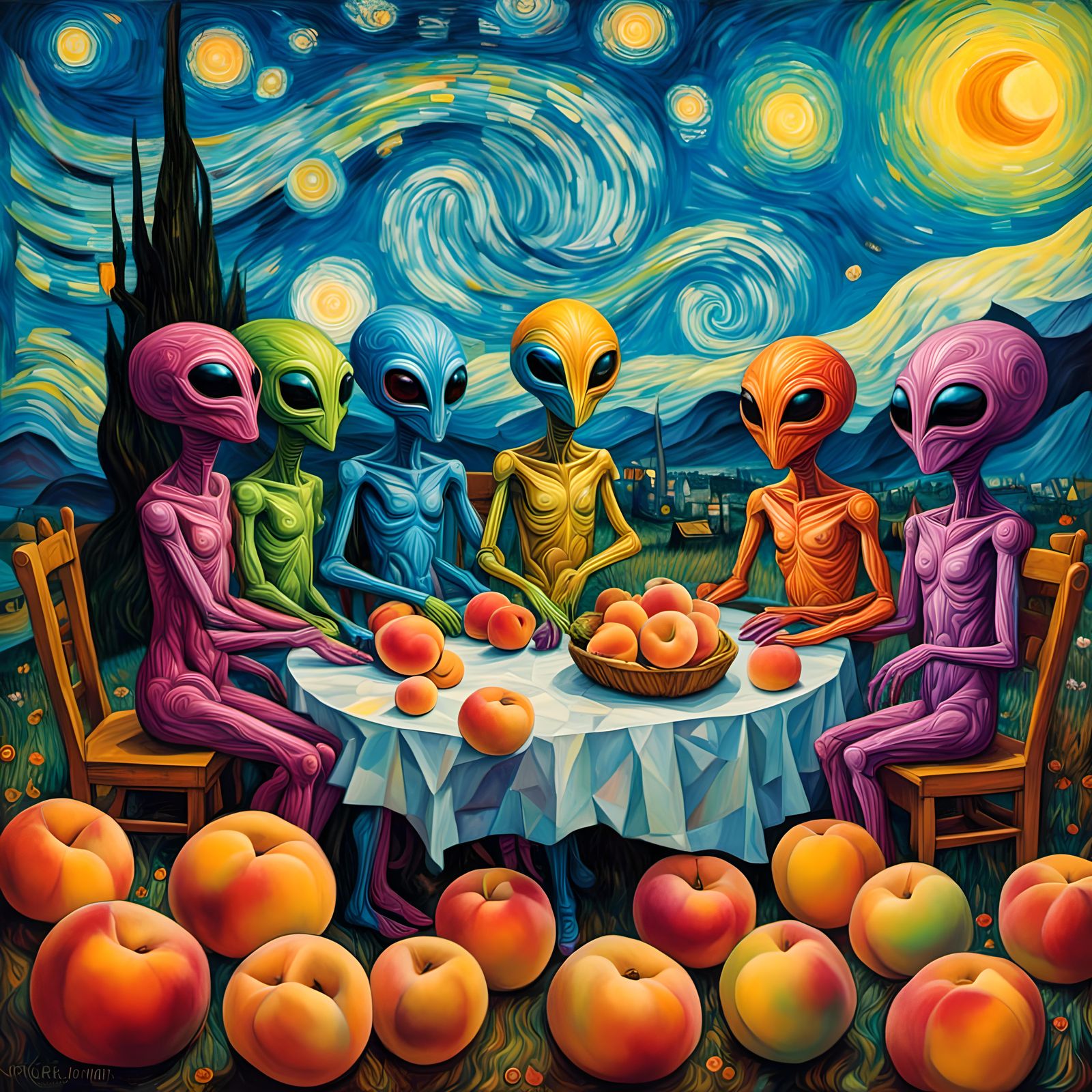 Cosmic Fruit Feast: Aliens in Van Gogh Style