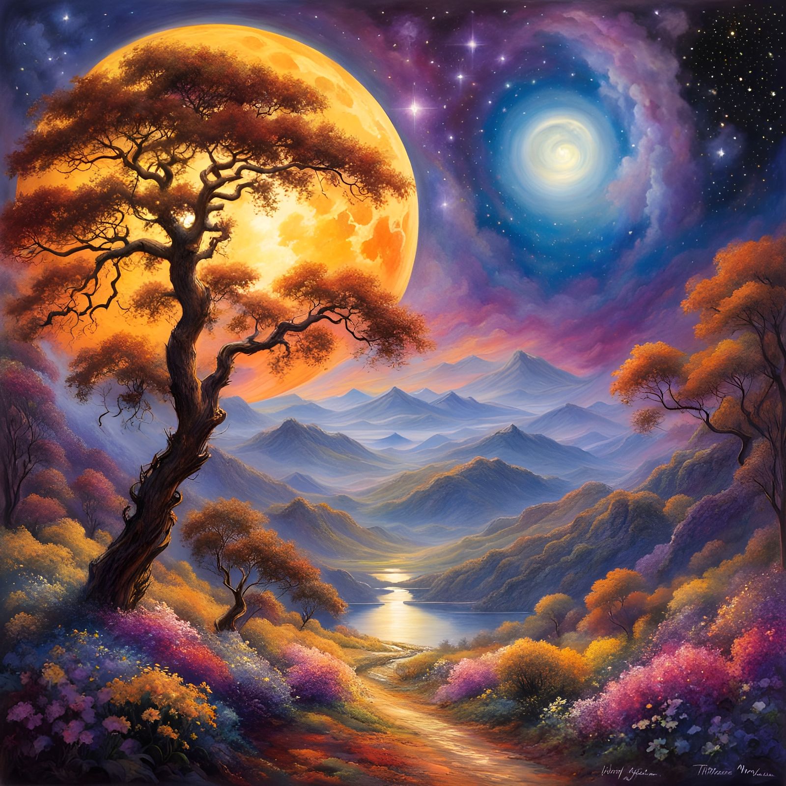 Celestial Moonscape in Loose Watercolor Style