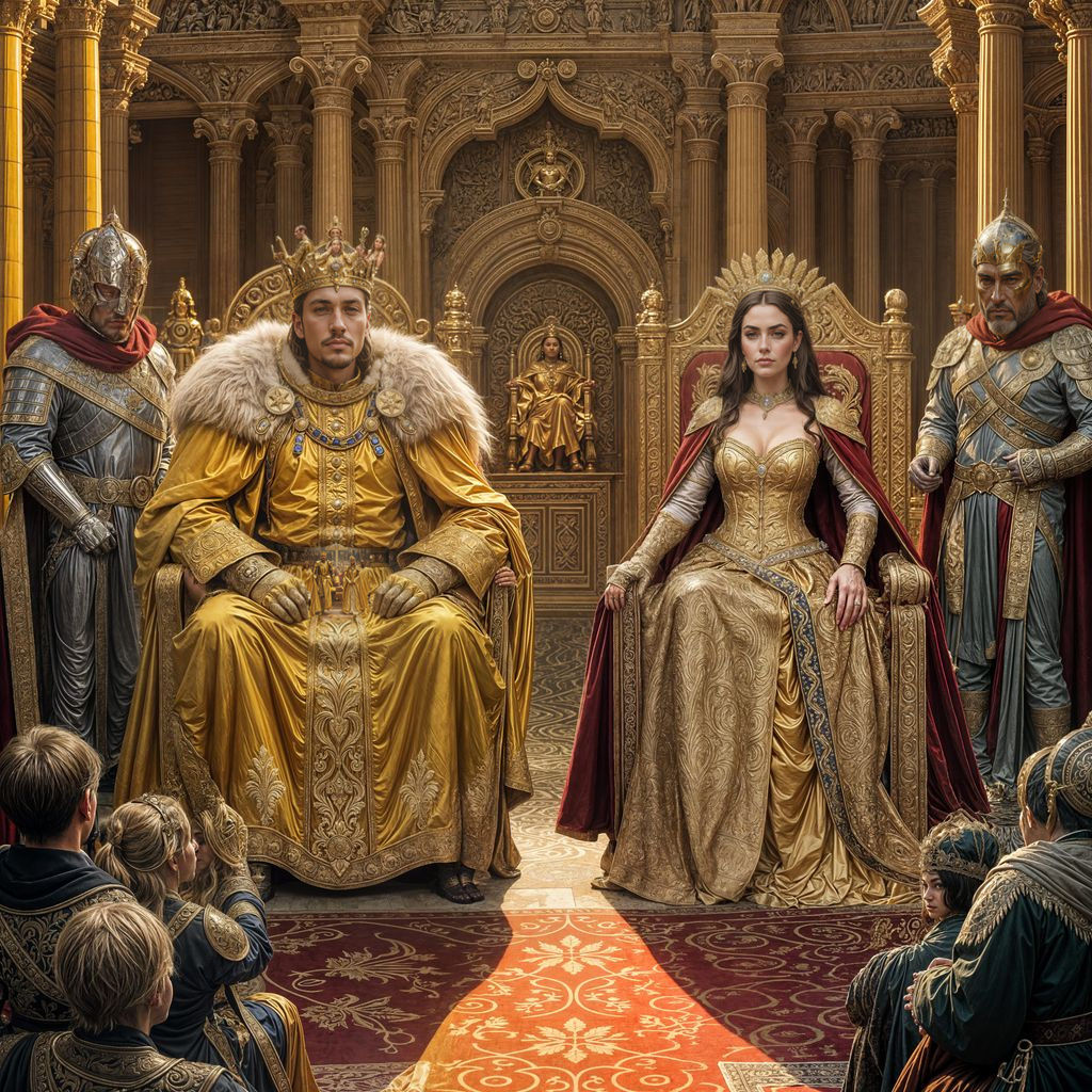 Regal Monarchs Surrounded by Loyal Guards in Golden Splendor