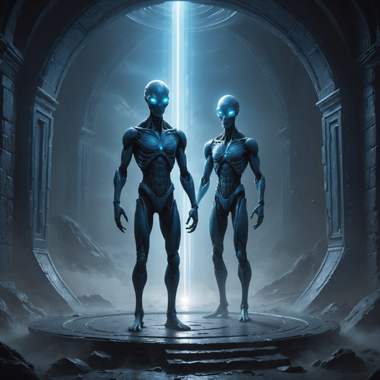 Blue Alien in Misty Portal Fantasy Concept Art