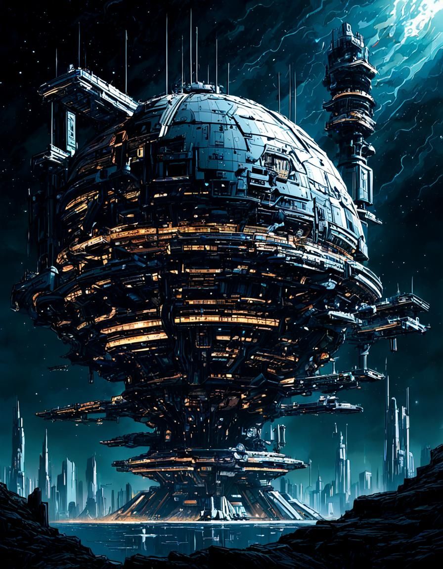 Colossal Space Station City Powered by a Star