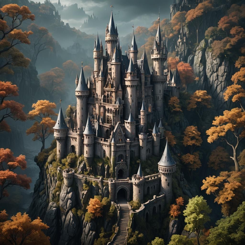 Spooky Castle in Woods, Detailed Matte Painting