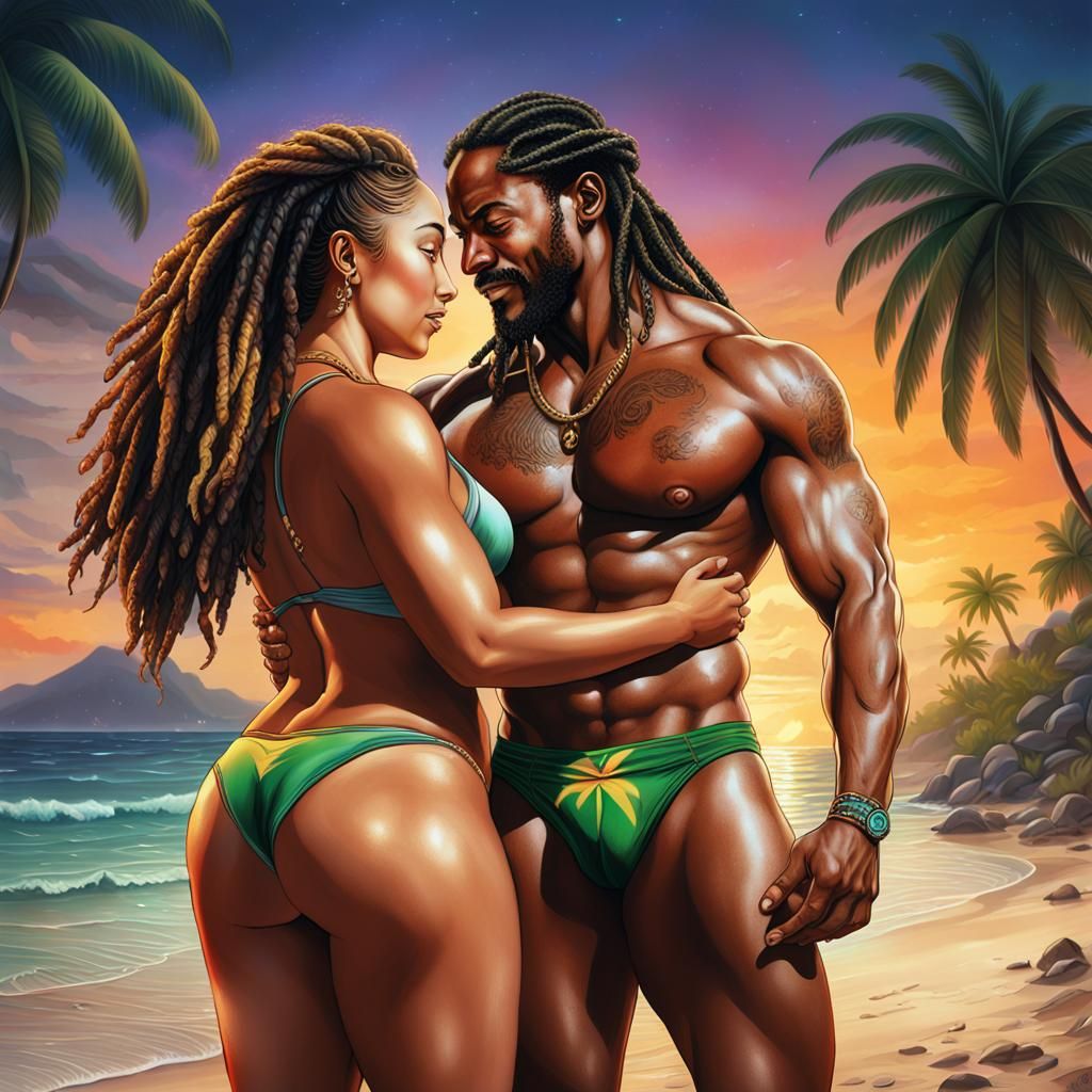 Midnight Embrace on Jamaican Beach: Hyperrealistic Splash Ar...